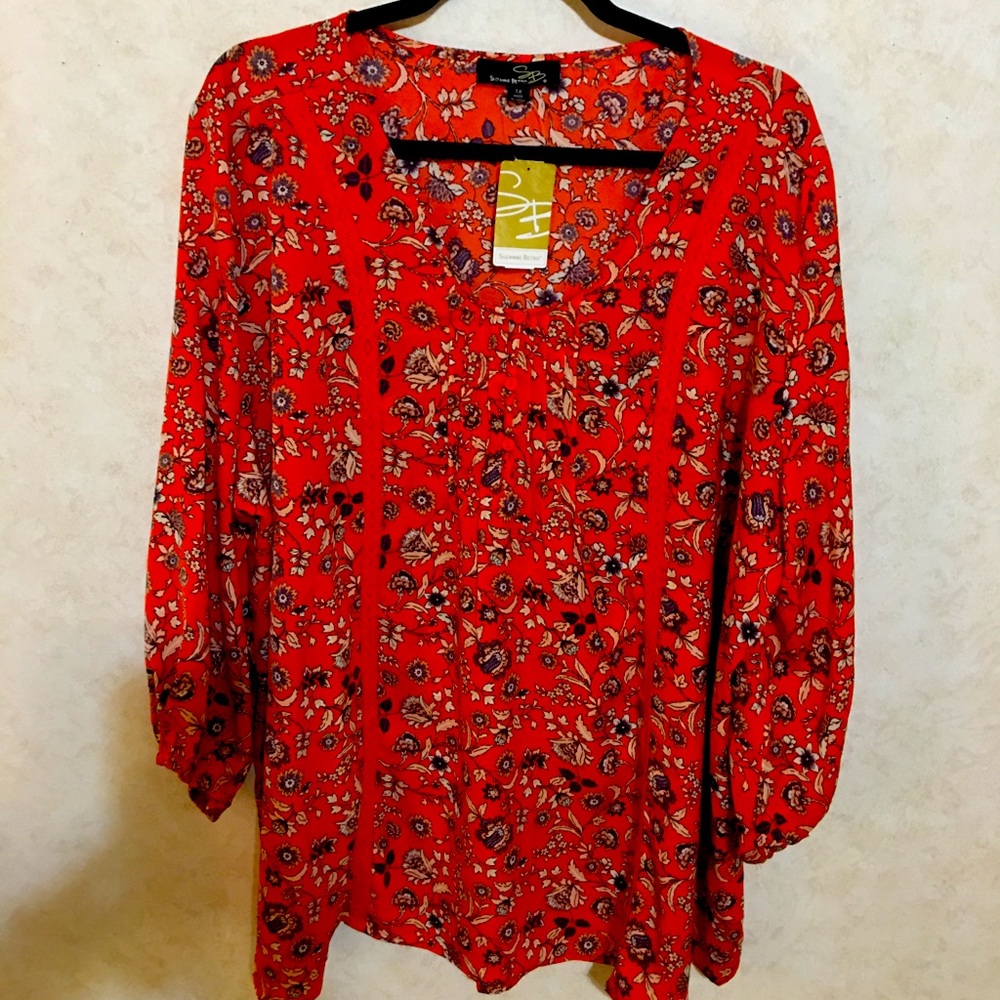 New Suzanne Betro red colorful blouse. Buttons on top middle. Size 1X